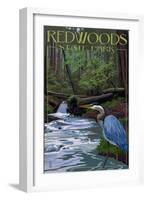 Redwoods State Park - Heron and Waterfall-Lantern Press-Framed Art Print