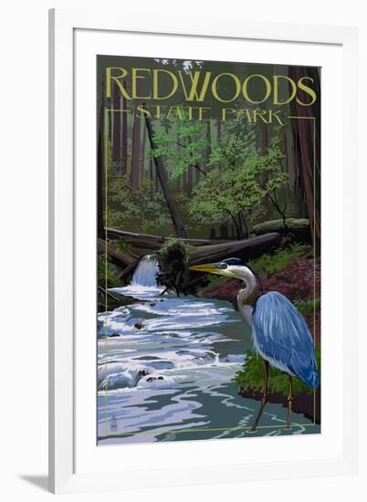 Redwoods State Park - Heron and Waterfall-Lantern Press-Framed Art Print