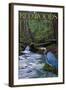 Redwoods State Park - Heron and Waterfall-Lantern Press-Framed Art Print