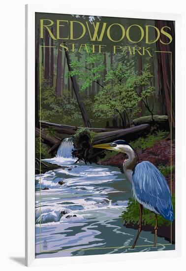 Redwoods State Park - Heron and Waterfall-Lantern Press-Framed Art Print