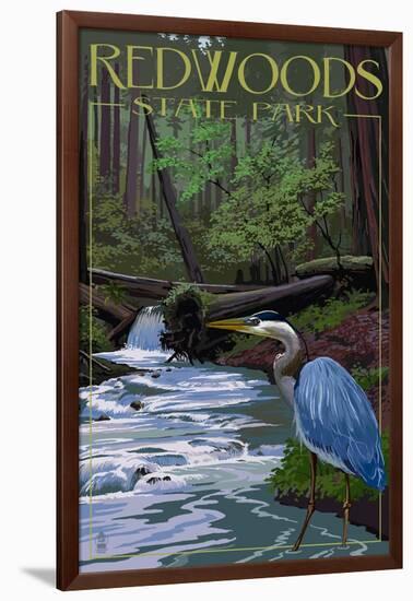 Redwoods State Park - Heron and Waterfall-Lantern Press-Framed Art Print