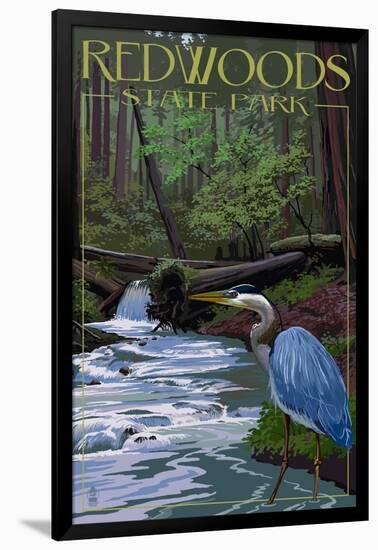 Redwoods State Park - Heron and Waterfall-Lantern Press-Framed Art Print