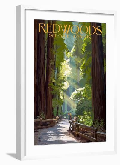 Redwoods State Park - Pathway in Trees-Lantern Press-Framed Art Print