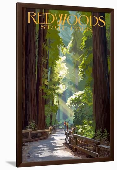 Redwoods State Park - Pathway in Trees-Lantern Press-Framed Art Print