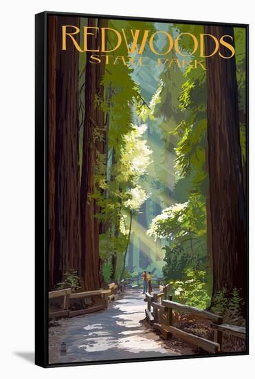 Redwoods State Park - Pathway in Trees-Lantern Press-Framed Stretched Canvas