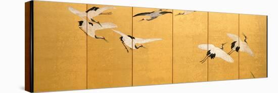 Reeds and Cranes, Edo Period (Colours on Gilded Silk)-Suzuki Kiitsu-Stretched Canvas