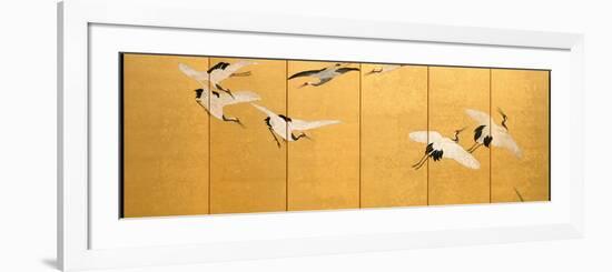 Reeds and Cranes, Edo Period (Colours on Gilded Silk)-Suzuki Kiitsu-Framed Giclee Print