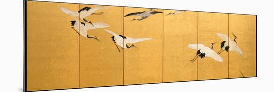 Reeds and Cranes, Edo Period (Colours on Gilded Silk)-Suzuki Kiitsu-Mounted Giclee Print