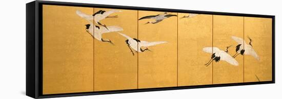 Reeds and Cranes, Edo Period (Colours on Gilded Silk)-Suzuki Kiitsu-Framed Stretched Canvas