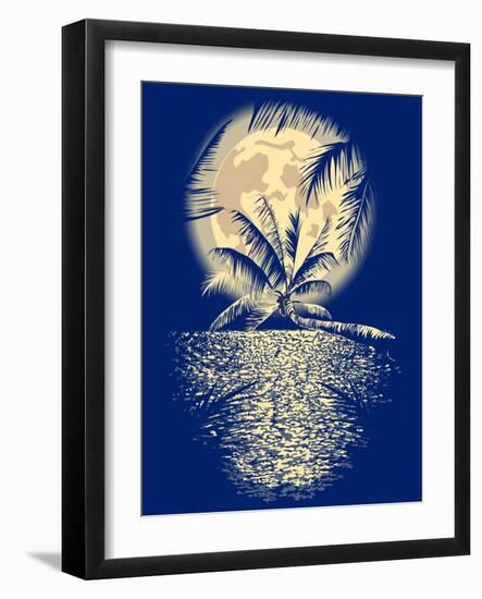 Reflected in the Ocean Full Moon on Vagator, Goa, India on a Dark Blue Background with Silhouettes-yulianas-Framed Art Print