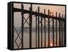 Reflection in Water and Buddhist Monk Silhouetted at Sunrise Crossing U Bein Teak Bridge-Stephen Studd-Framed Stretched Canvas