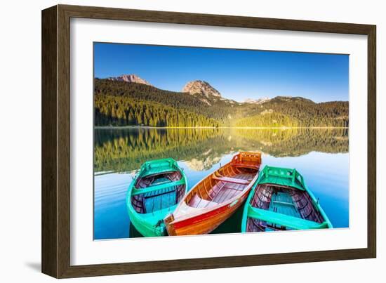 Reflection In Water Of Mountain Lakes And Boats-Leonid Tit-Framed Art Print