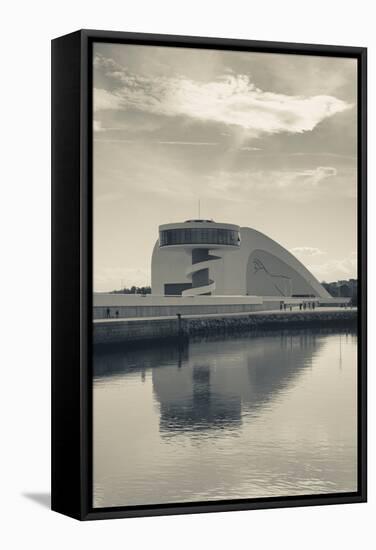Reflection of a building on water, The Oscar Niemeyer International Cultural Centre, Aviles, Ast...-null-Framed Stretched Canvas