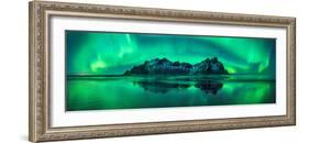 Reflection of Aurora Borealis in the sea with Vestrahorn mountains in center, Stokksnes Beach, S...-null-Framed Photographic Print