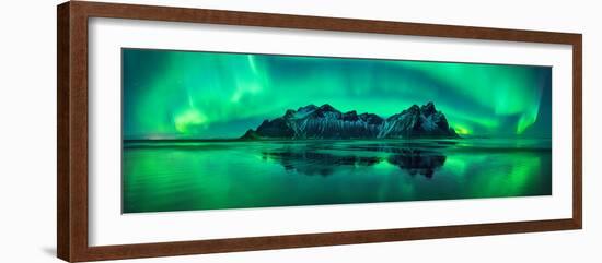 Reflection of Aurora Borealis in the sea with Vestrahorn mountains in center, Stokksnes Beach, S...-null-Framed Photographic Print