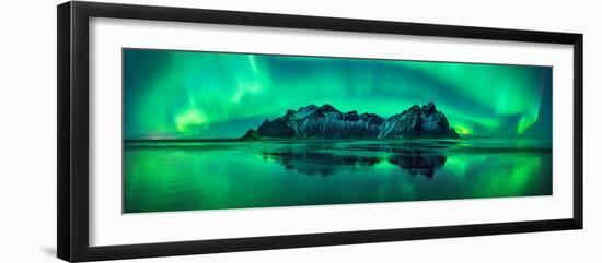 Reflection of Aurora Borealis in the sea with Vestrahorn mountains in center, Stokksnes Beach, S...-null-Framed Photographic Print