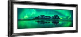 Reflection of Aurora Borealis in the sea with Vestrahorn mountains in center, Stokksnes Beach, S...-null-Framed Photographic Print