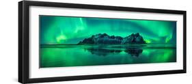 Reflection of Aurora Borealis in the sea with Vestrahorn mountains in center, Stokksnes Beach, S...-null-Framed Premium Photographic Print