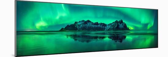 Reflection of Aurora Borealis in the sea with Vestrahorn mountains in center, Stokksnes Beach, S...-null-Mounted Premium Photographic Print
