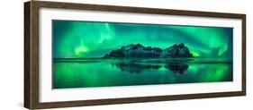 Reflection of Aurora Borealis in the sea with Vestrahorn mountains in center, Stokksnes Beach, S...-null-Framed Photographic Print