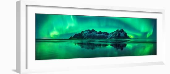 Reflection of Aurora Borealis in the sea with Vestrahorn mountains in center, Stokksnes Beach, S...-null-Framed Photographic Print