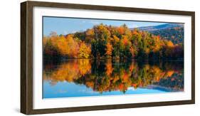 Reflection of autumn trees in a lake, West Bolton, Quebec, Canada-null-Framed Photographic Print