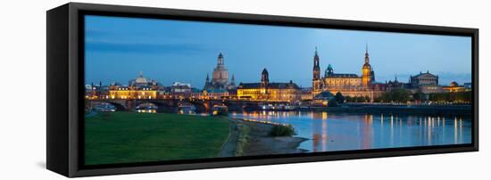 Reflection of Buildings on Water, Dresden Frauenkirche, River Elbe, Dresden, Saxony, Germany-null-Framed Stretched Canvas