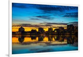 Reflection of buildings on water, Lake Merritt, Oakland, California, USA-null-Framed Photographic Print