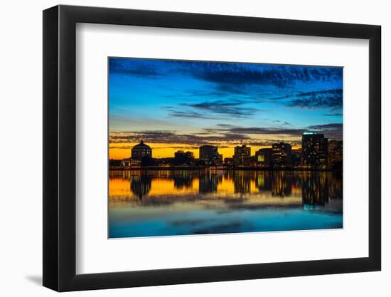 Reflection of buildings on water, Lake Merritt, Oakland, California, USA-null-Framed Photographic Print