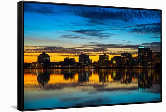 Reflection of buildings on water, Lake Merritt, Oakland, California, USA-null-Framed Stretched Canvas