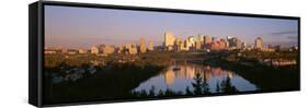 Reflection of Downtown Buildings in Water at Sunrise, North Saskatchewan River, Edmonton-null-Framed Stretched Canvas
