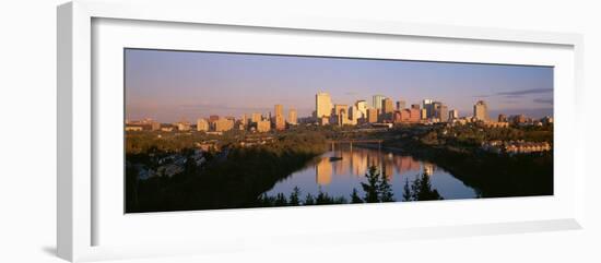 Reflection of Downtown Buildings in Water at Sunrise, North Saskatchewan River, Edmonton-null-Framed Photographic Print