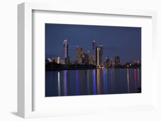 Reflection of illuminated skylines on water, Coral Sea, Surfer's Paradise, Gold Coast, Queenslan...-Panoramic Images-Framed Photographic Print