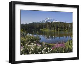 Reflection of Mountain and Trees in Lake, Mt Rainier National Park, Washington State, USA-null-Framed Photographic Print