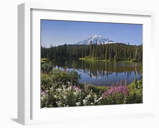 Reflection of Mountain and Trees in Lake, Mt Rainier National Park, Washington State, USA-null-Framed Photographic Print