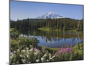 Reflection of Mountain and Trees in Lake, Mt Rainier National Park, Washington State, USA-null-Mounted Photographic Print