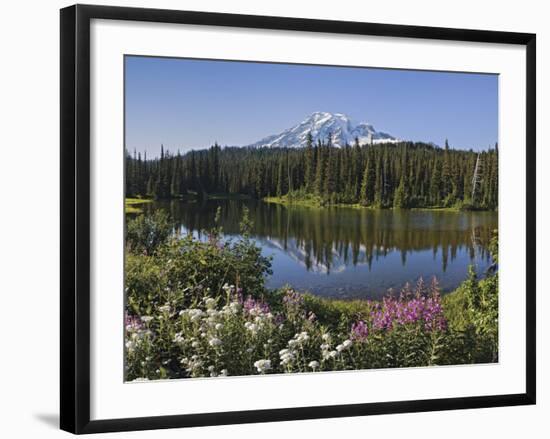 Reflection of Mountain and Trees in Lake, Mt Rainier National Park, Washington State, USA-null-Framed Photographic Print