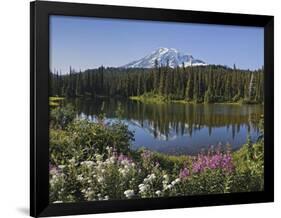 Reflection of Mountain and Trees in Lake, Mt Rainier National Park, Washington State, USA-null-Framed Photographic Print