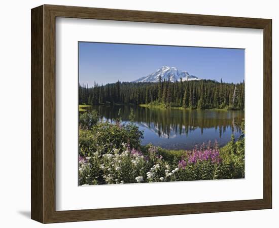 Reflection of Mountain and Trees in Lake, Mt Rainier National Park, Washington State, USA-null-Framed Photographic Print