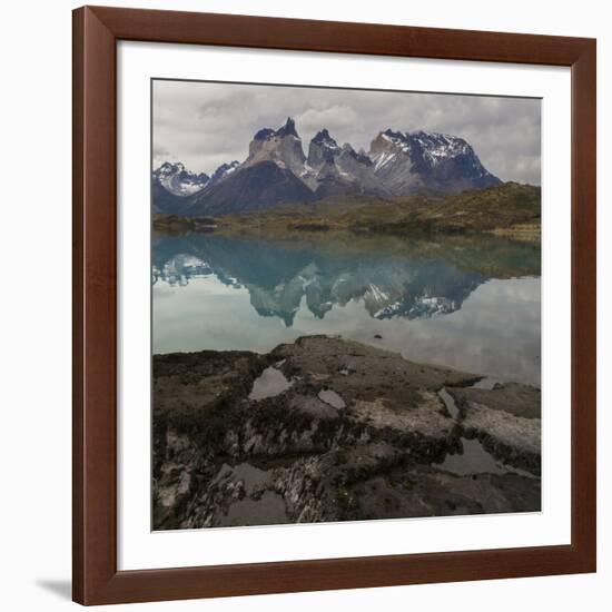 Reflection of Mountain Peak in a Lake, Torres Del Paine, Lake Pehoe-null-Framed Art Print
