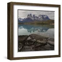 Reflection of Mountain Peak in a Lake, Torres Del Paine, Lake Pehoe-null-Framed Art Print