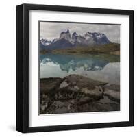 Reflection of Mountain Peak in a Lake, Torres Del Paine, Lake Pehoe-null-Framed Art Print