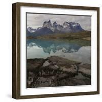 Reflection of Mountain Peak in a Lake, Torres Del Paine, Lake Pehoe-null-Framed Art Print