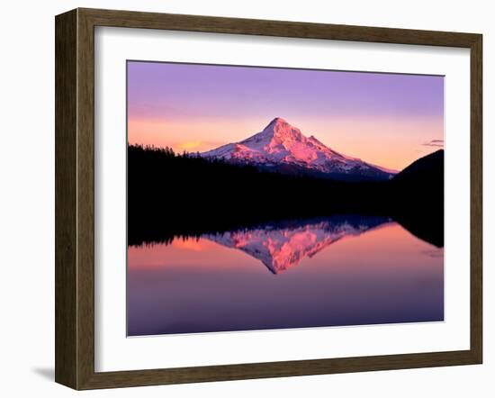 Reflection of mountain range in a lake, Mt Hood, Lost Lake, Mt Hood National Forest, Oregon, USA-null-Framed Photographic Print