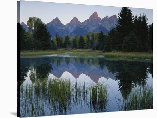 Reflection of Mountains in River, Schwabacher's Landing, Grand Teton National Park, Wyoming, USA-Scott T^ Smith-Stretched Canvas