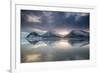 Reflection of mountains on ocean at sunset in Vatnajokull National Park in eastern Iceland-Alex Saberi-Framed Photographic Print