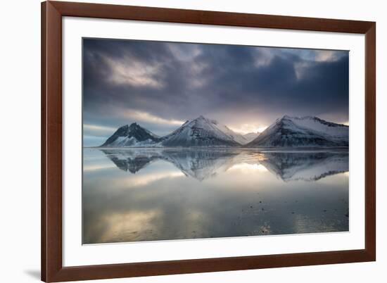 Reflection of mountains on ocean at sunset in Vatnajokull National Park in eastern Iceland-Alex Saberi-Framed Photographic Print