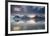 Reflection of mountains on ocean at sunset in Vatnajokull National Park in eastern Iceland-Alex Saberi-Framed Photographic Print