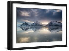 Reflection of mountains on ocean at sunset in Vatnajokull National Park in eastern Iceland-Alex Saberi-Framed Photographic Print