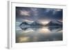 Reflection of mountains on ocean at sunset in Vatnajokull National Park in eastern Iceland-Alex Saberi-Framed Photographic Print